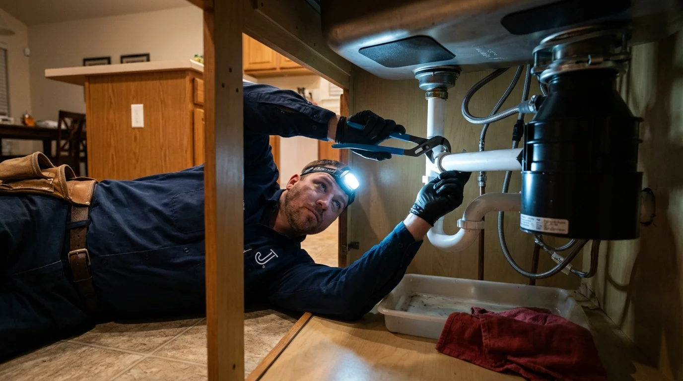 P-trap and supply line connections under a kitchen sink showing a common leak point in Yonkers, NY